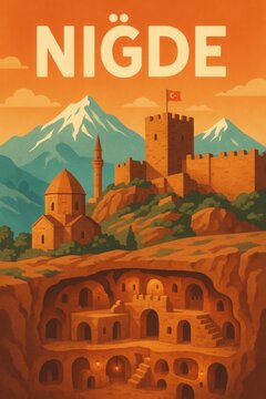 Illustrated scene of a castle with a Turkish flag, snow-capped peaks, mosque and church structures, and a glowing underground city cut into reddish terrain near Niğde