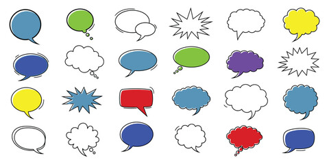Set of diverse speech bubbles in various shapes with a black outline on a transparent background for communication, talk, dialogue, chat, and message.