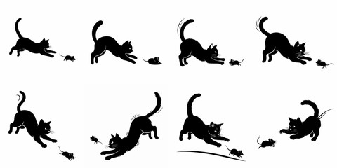 Black Cat and Mouse Silhouettes Set: Dynamic Vector Illustrations of Cats Pouncing, Hunting, and Playing with Rodents in Various Action Poses.