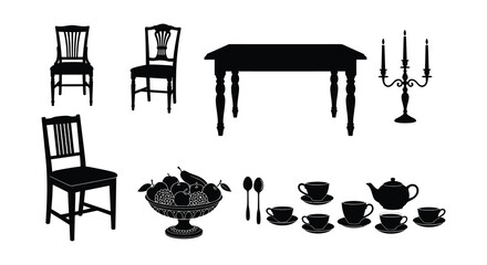 A classic black silhouette scene of dining furniture and a still life