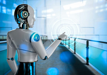 Robot touching screen. AI robot working in screen. Artificial intelligence robot. Robotic concept background image 