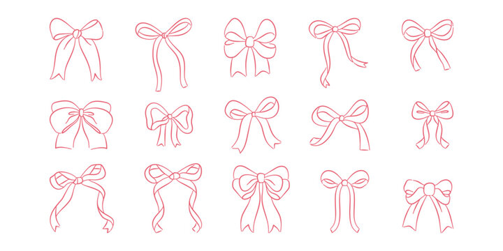 Hand-drawn bow clipart set featuring cute coquette ribbon bows, perfect for invitations, gifts, crafts, and decorative designs.