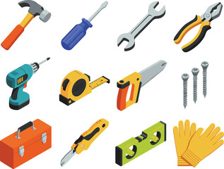 Isometric construction tool set featuring hammer, screwdriver, wrench, pliers, drill, tape measure, saw, screws, toolbox, cutter and safety gloves