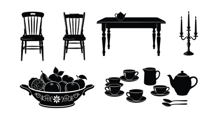 A classic black silhouette scene of dining furniture and a still life