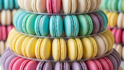 Colorful French Macarons Stacked on a Tiered Display Stand, Delicate Meringue Cookies in Pastel Shades