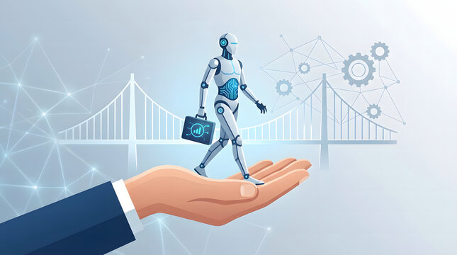 Robot walking on a hand with bridges and network connections in the background holding carrying - Powered by Adobe