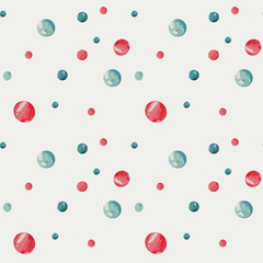 Seamless watercolor pattern of red and teal circles on a light neutral background. Hand painted gouache texture with soft paper grain effect.