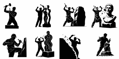 Vector silhouettes of sculptors carving stone and marble busts, demonstrating artistry and creation.