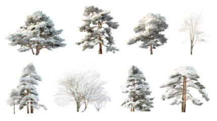 Snow-covered pine tree collection with frosty details isolated on white background