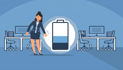 Tired businesswoman with low battery symbol in an office setting exhausted energy