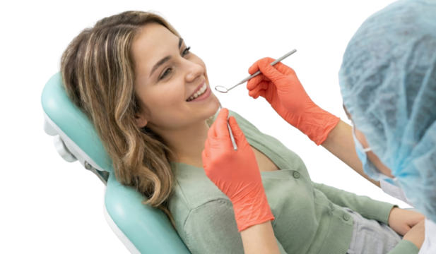 Dental Examination Smiling Woman with Gloves and Tools on an Isolated Transparent Background