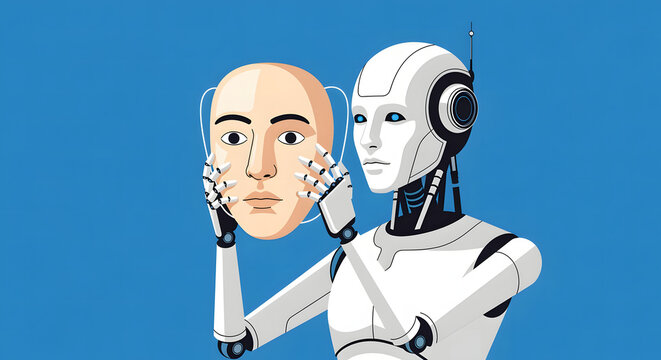 White robot holding a human face mask in front of its own face on a blue background artificial intelligence