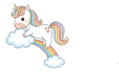 Cute cartoon vector illustration of a little baby girl and a pink pony unicorn character