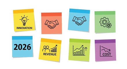 Colorful sticky notes with business icons representing ideas growth and finance