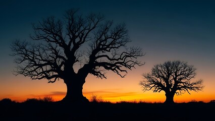Silhouetted ancient oak trees against a vibrant sunset sky