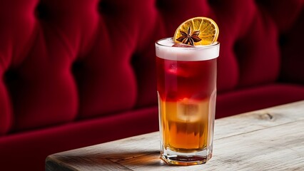 Elegant red cocktail garnished with dried orange slice and foam
