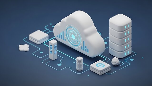 Modern cloud computing network illustration with data servers and connection lines perfect for tech startups and digital solutions marketing campaigns