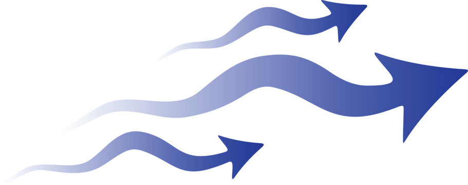 Flowy curved arrows in gradient blue color - wind, flow, motion arrows - transparent background for design sheets, process flows etc	