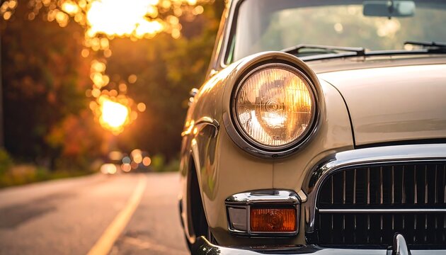 Fototapeta Beige vintage car front view with lit headlight during sunset on the road with trees
