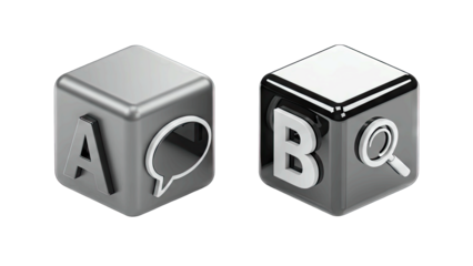 Cubes with Letters A and B, Speech Bubble and Magnifying Glass