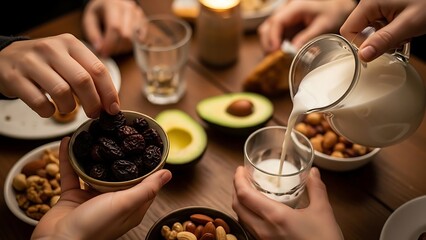 Friends pouring drinks and sharing snacks around a table