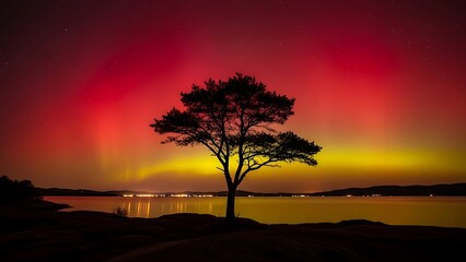Lone tree silhouetted against vibrant aurora borealis over calm water