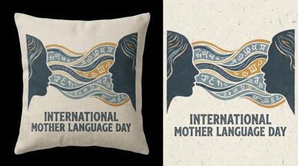 ornamental pillow print template for international mother language day illustration template featuring silhouettes of faces facing each other with waves 