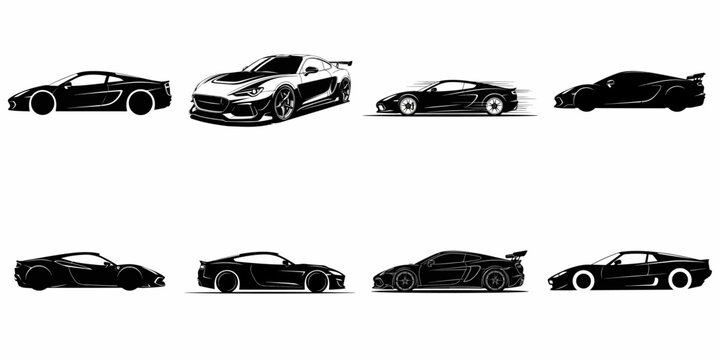 Vector collection of eight modern high-performance sports car and supercar silhouettes, perfect for logos, emblems, motorsport, racing, and automotive graphic design.