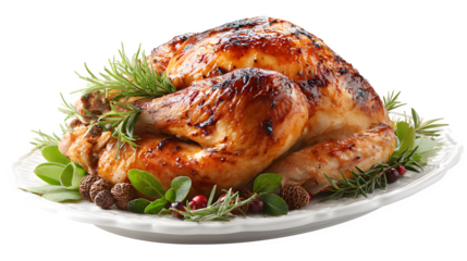 Roasted Thanksgiving turkey on a platter with herbs, garnish, and festive table d?cor isolated on white background