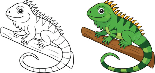 Cute Cartoon Green Iguana Reptile Sitting on a Log Branch with Coloring Page Line Art
