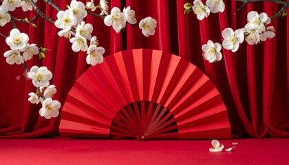 Traditional red and gold hand fan with white cherry blossoms on rich red fabric background.