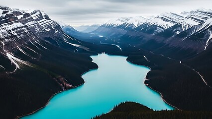 Majestic turquoise lake nestled between snow capped mountains