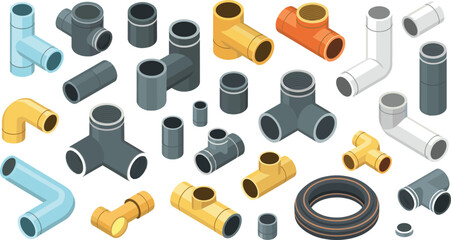 Isometric plumbing fittings collection featuring PVC, metal and brass pipe connectors, elbows, tees, couplings and tubing components for construction design