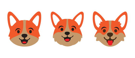 Cartoon corgi dog faces set, happy puppy vector illustration.