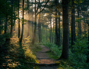 Fototapeta premium A serene forest landscape at sunrise with thick morning fog drifting between the trees. Soft golden sunlight shines through the mist, creating dramatic rays and a peaceful, atmospheric nature scene. P