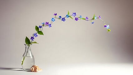 Delicate blue and purple flowers arching gracefully from a clear glass vase