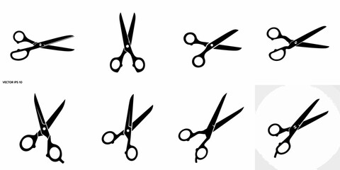 Collection of 8 black vector silhouette icons depicting various types of scissors, shears, and cutting tools isolated on a white background.