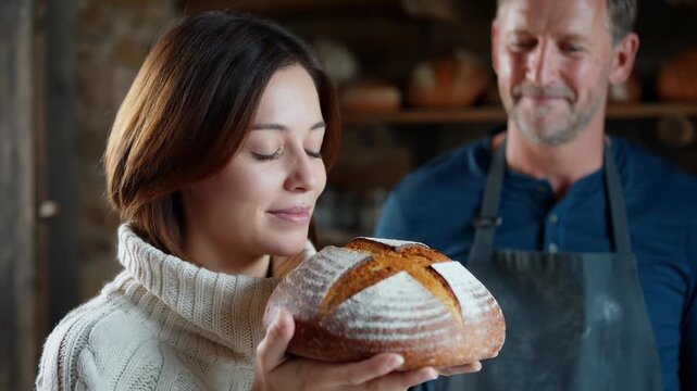 Woman enjoys freshly baked bread in artisan bakery. Baker smiles proudly while presenting delicious loaf. Warm atmosphere creates joyful moments.