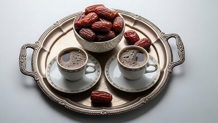 Traditional middle eastern coffee and dates on an ornate tray