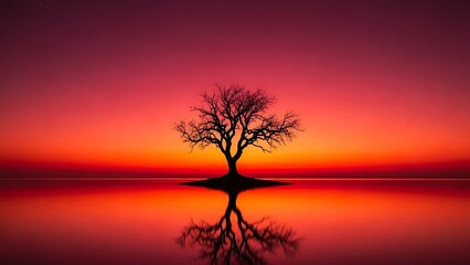 Solitary tree silhouetted against a fiery sunset reflected in calm water