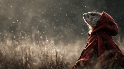 Marmot in a red cloak sitting in a meadow during a rainy day in a natural setting with soft light and mist