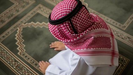 Man in traditional islamic attire praying on a prayer rug