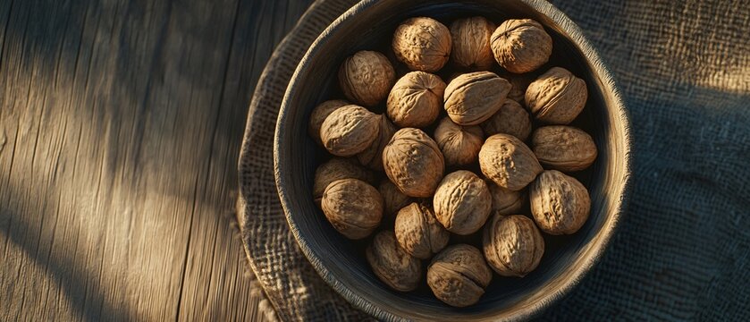 Elevated view of walnuts in rustic bowl