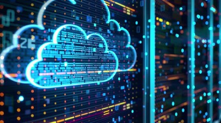 A cloud computing design with digital data streams and glowing blue cloud illustration on dark background hd video, 4k resolution - Powered by Adobe