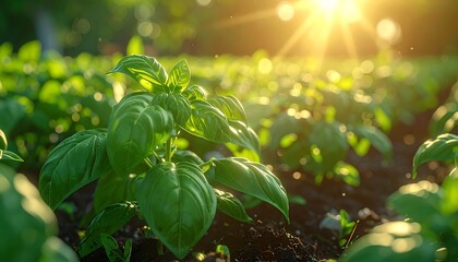 Basil plants glow in warm sunlight, growing in rich soil in a sunny garden, with bokeh backgrounds