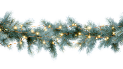 Seamless festive garland with pine needles and soft lights isolated on white background