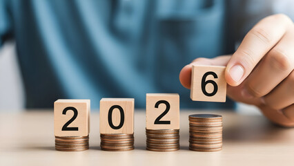 Hand changing wooden blocks from 2025 to 2026 financial growth and investment concept planning for the future