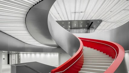 Modern spiral staircase with red railing and striking ceiling design