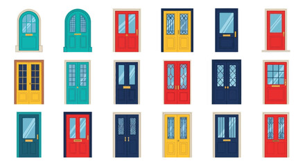 A colorful collection of various cartoon doors in a grid layout