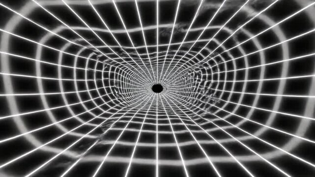Abstract black and white futuristic grid tunnel design illustration with light texture and 3D wire net pattern